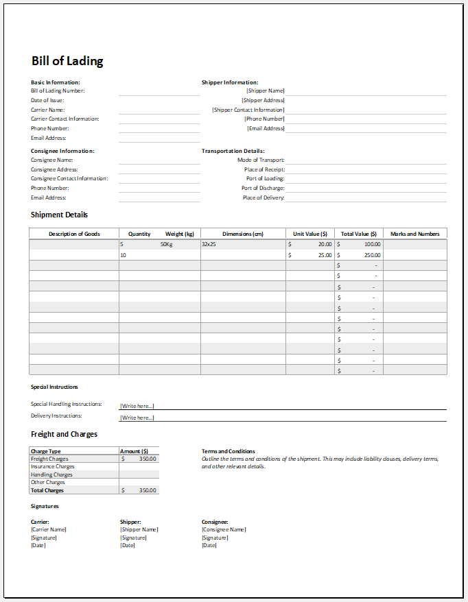 Bill of lading template