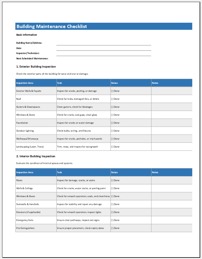 Building Maintenance Checklist Template