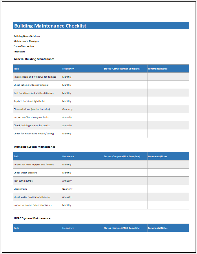 Building Maintenance Checklist Template