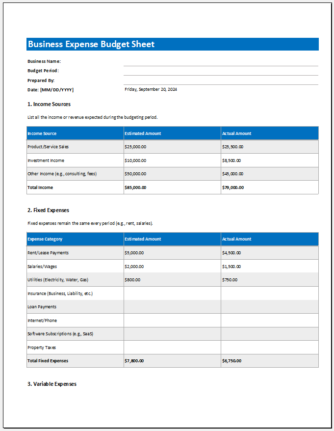 Business Expense Budget Sheet