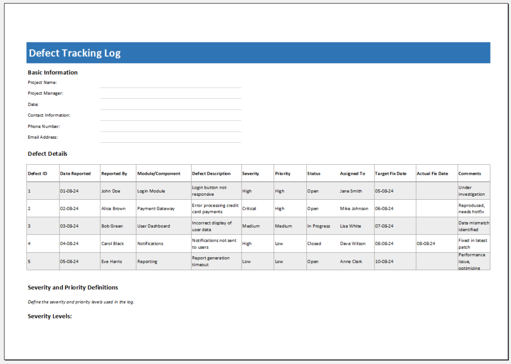 Defect Tracking Log