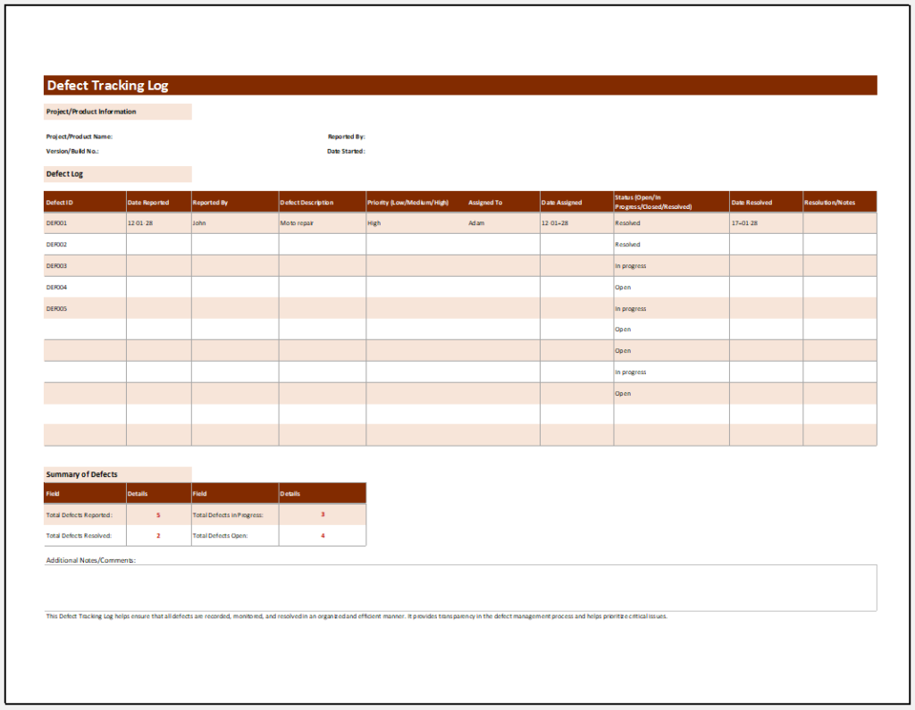 Defect Tracking Log Template