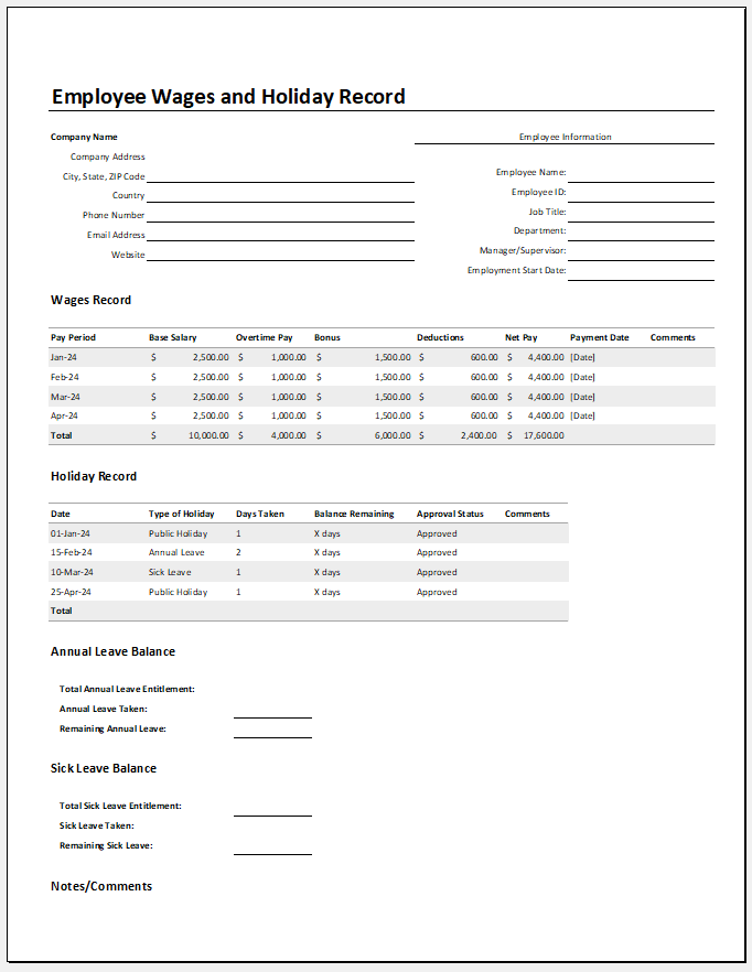 Employee Wages and Holiday Record