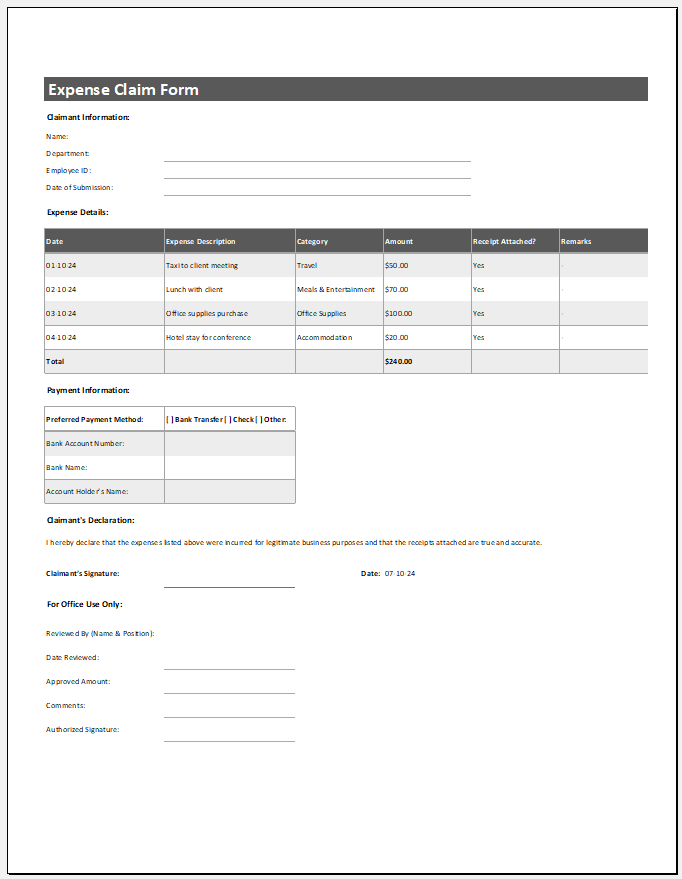 Expense Claim Form Template