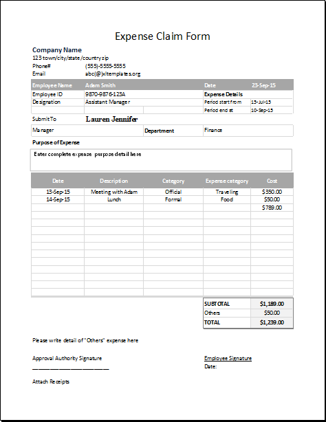 Expense Claim Form Template for EXCEL Excel Templates
