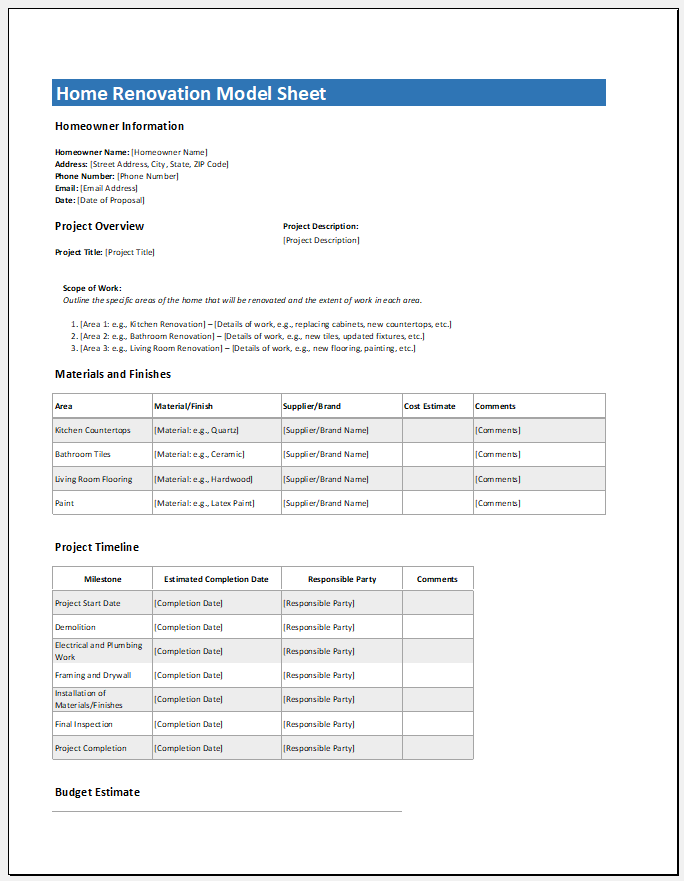 Home Renovation Model Sheet