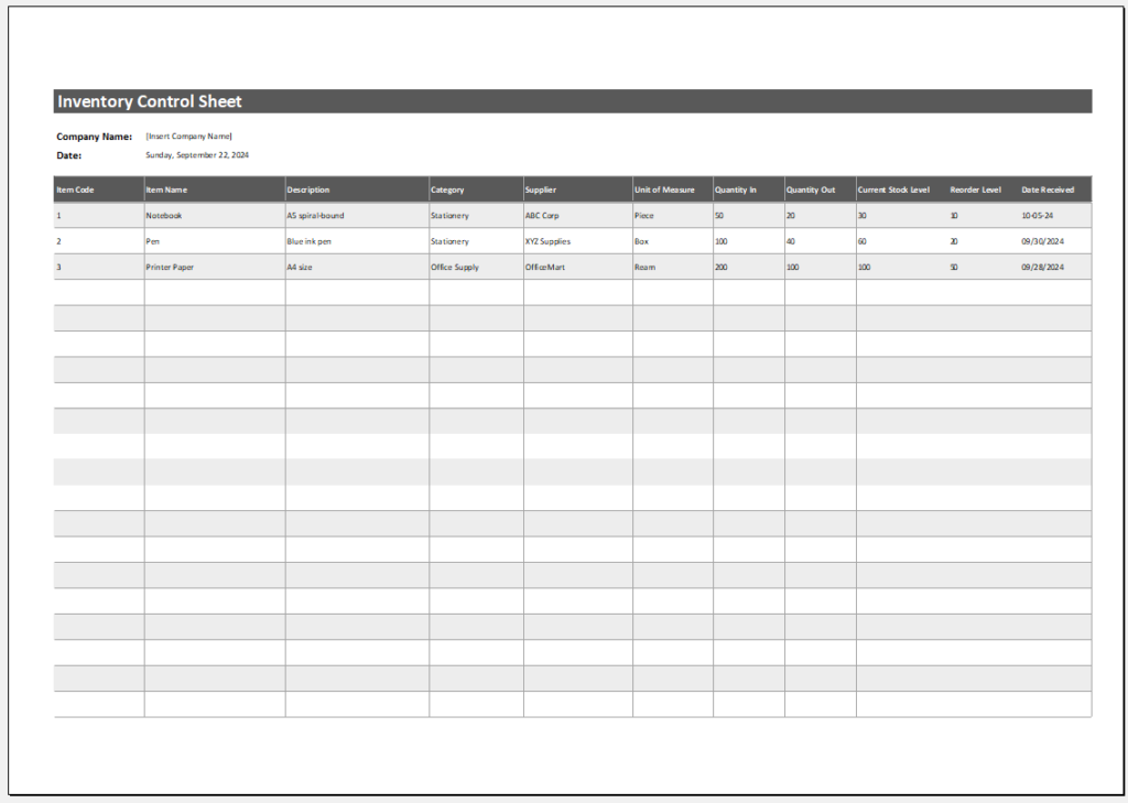 Inventory Control Sheet Template