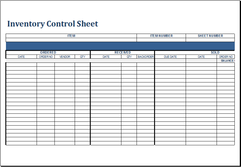 Inventory Control Sheet Template for Excel | Excel Templates