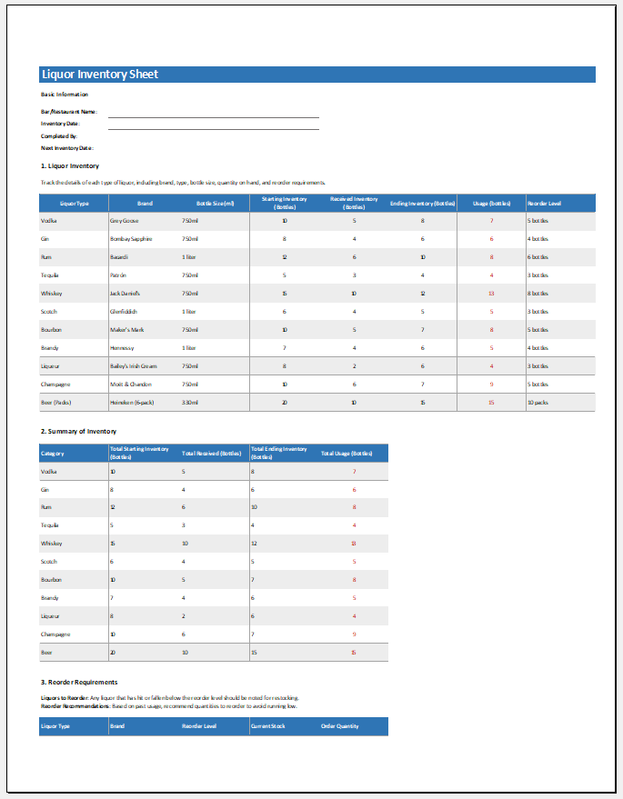 Liquor Inventory Sheet Template