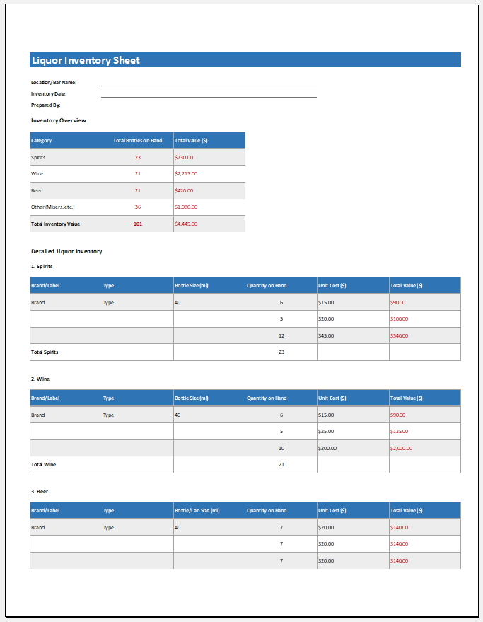 Liquor Inventory Sheet