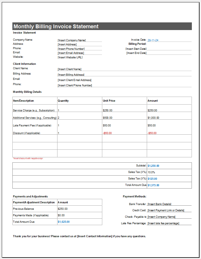 Monthly Billing Invoice Statement