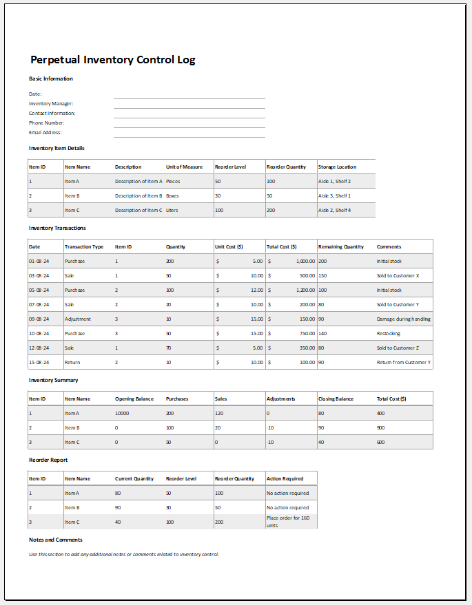 Perpetual Inventory Control Log