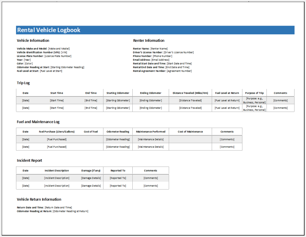 Rental Vehicle Logbook