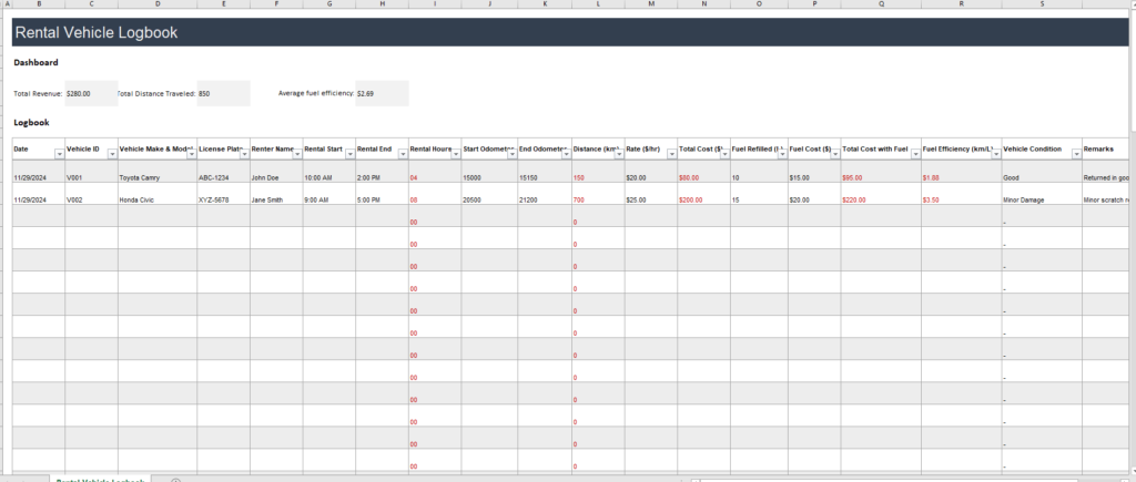 Rental Vehicle Logbook Template