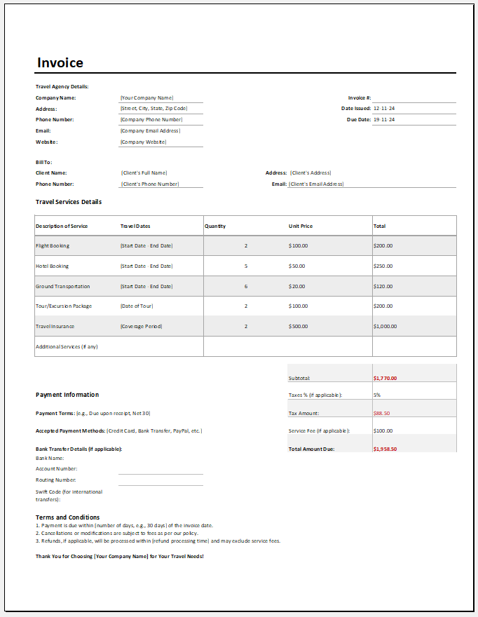 Travel Service Invoice Template