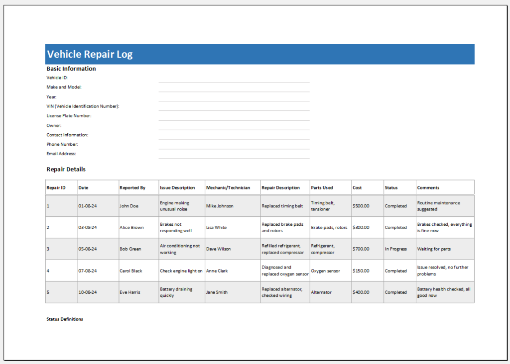 Vehicle Repair Log