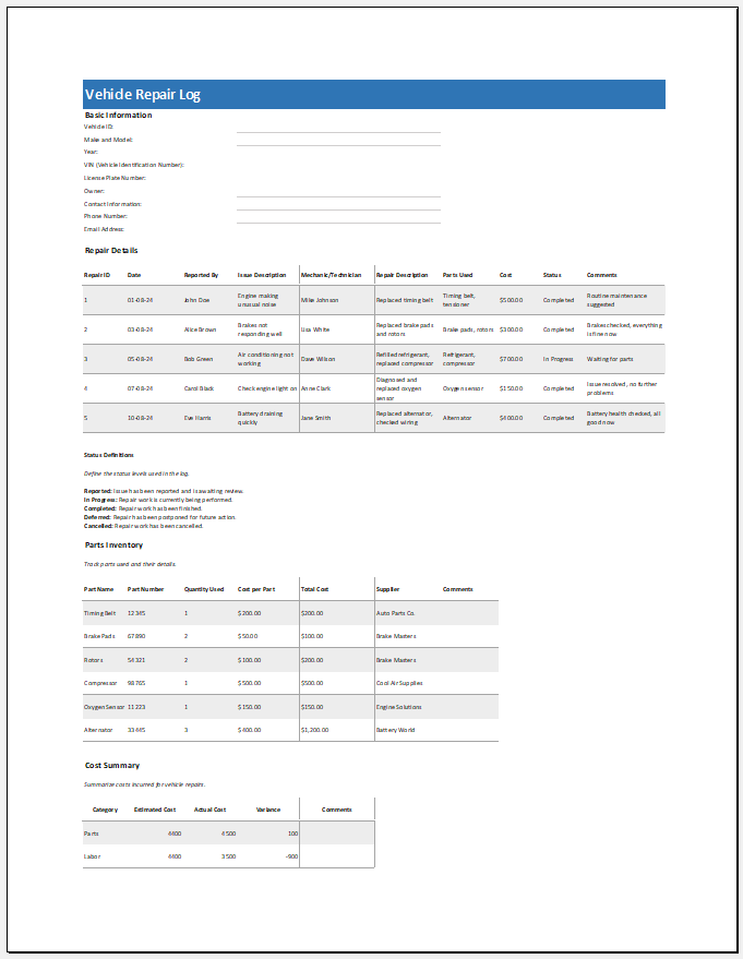 Vehicle Repair Log Template