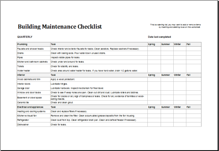 Sample Building Maintenance Checklist