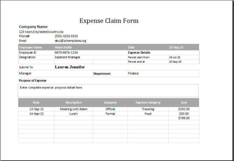 Expenses Claim Form Template Excel