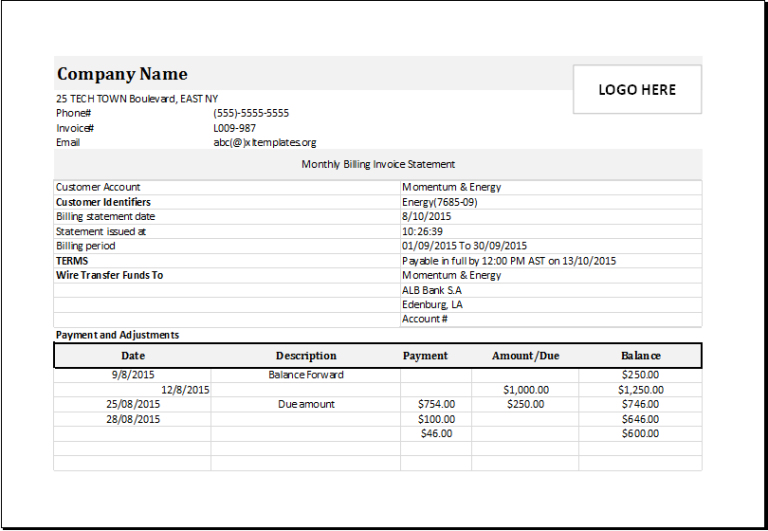 Monthly Billing Invoice Statement For Excel | Download File