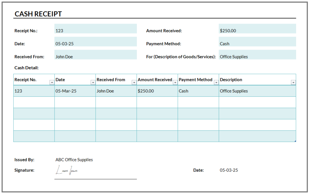 Cash Receipt Template for Excel