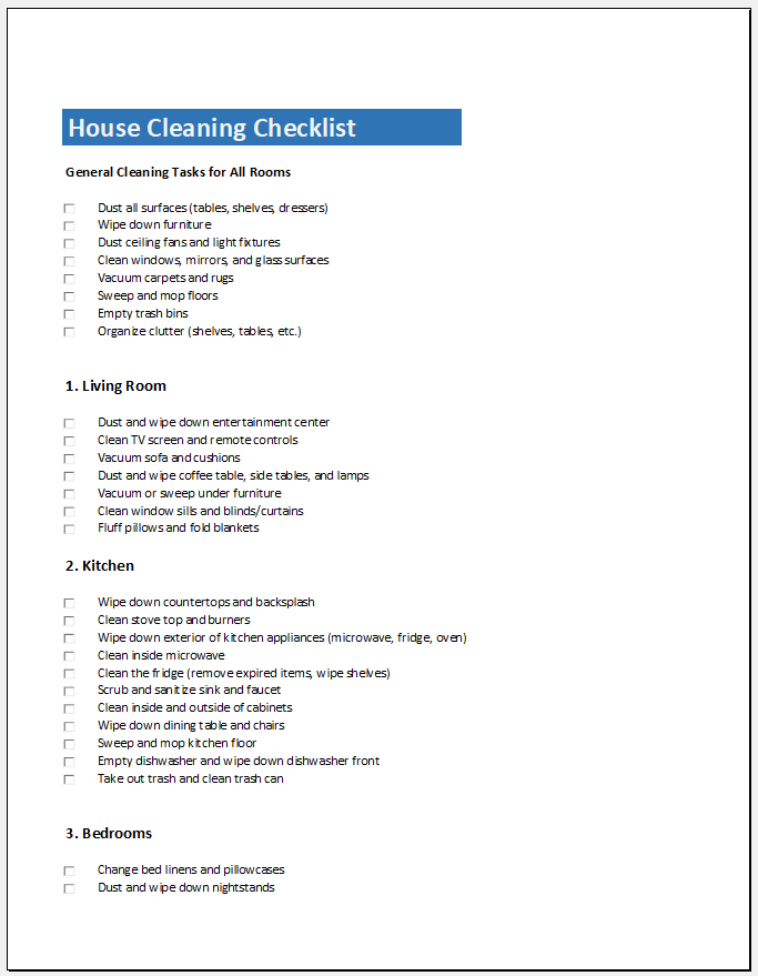 House cleaning checklist