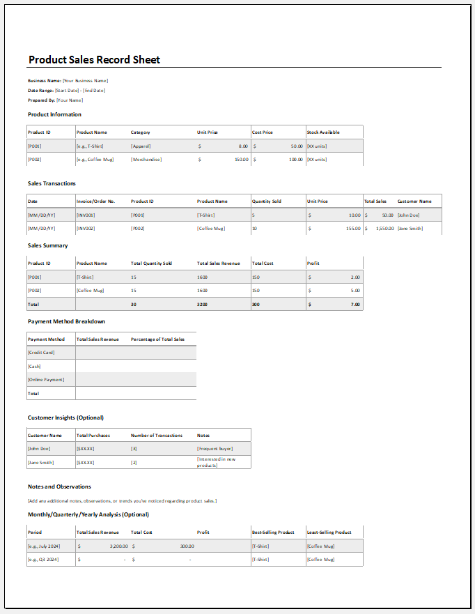 Product Sales Record Sheet