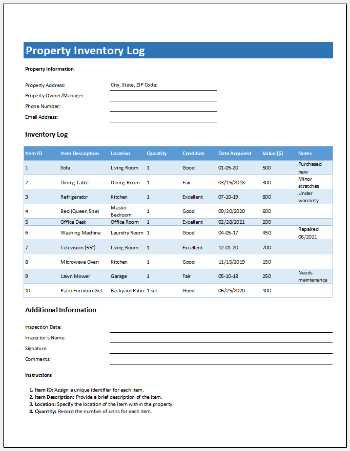 Property inventory log template