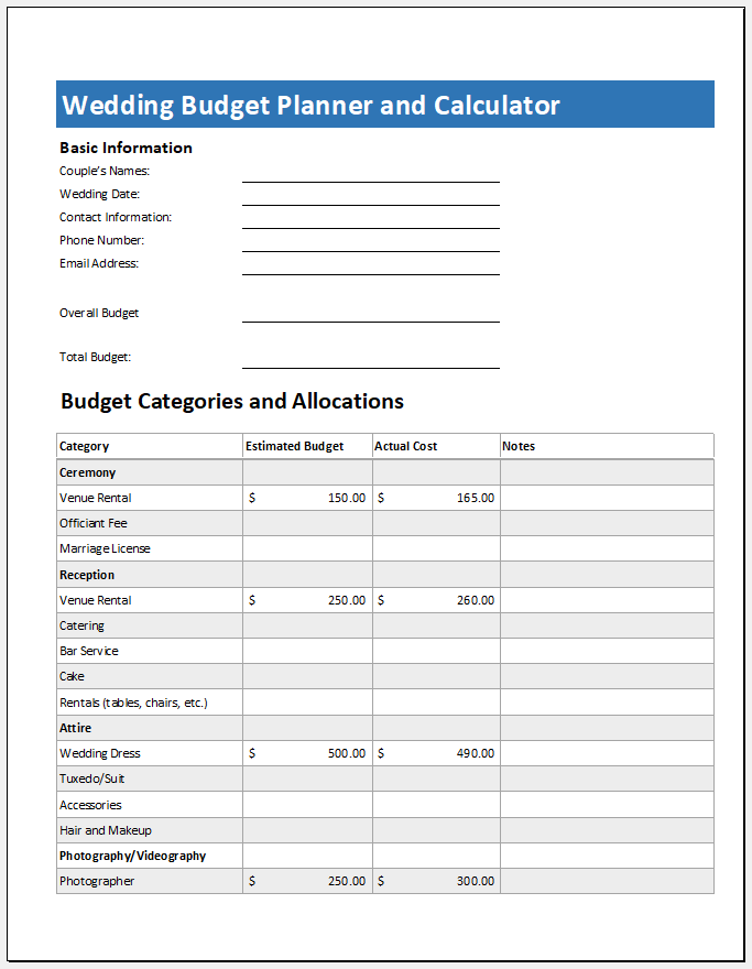 Wedding budget planner and calculator