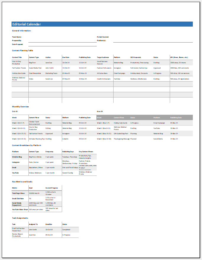 Editorial Calendar Template for Excel