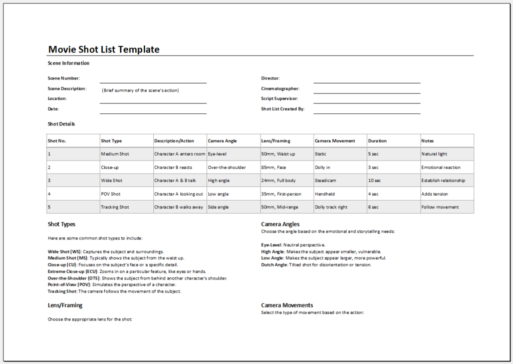 Movie Shot List Template