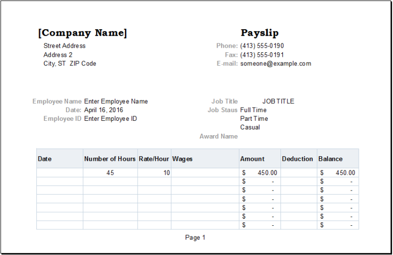 Employee Payslip Template for MS EXCEL Excel Templates