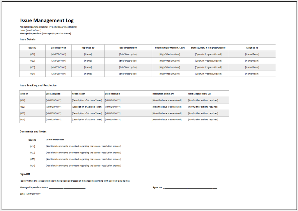 Issue Management Log