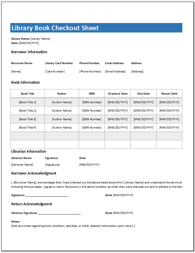 Library Book Checkout Sheet