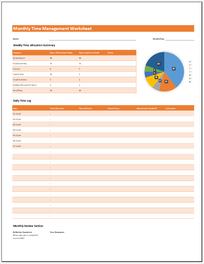 Monthly Time Management Worksheet