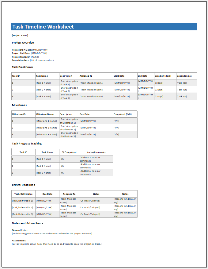 Task Timeline Worksheet