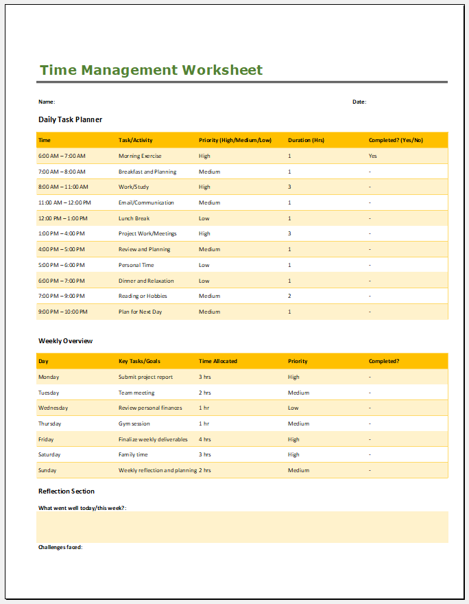 Time Management Worksheet for One Day