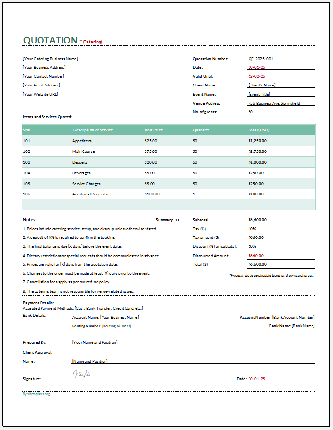 Catering Quotation Template for Excel