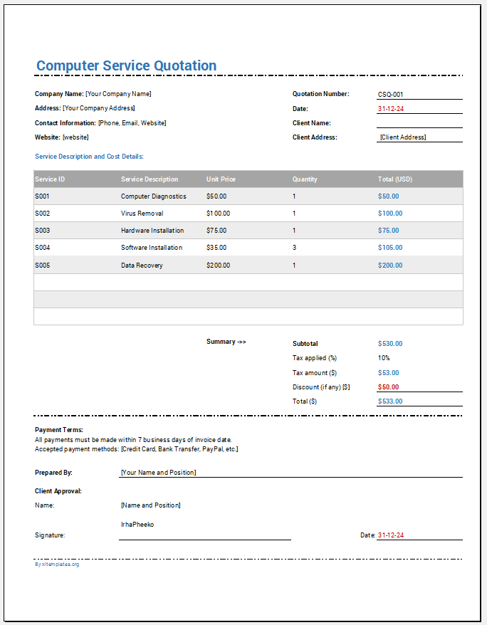 Computer Service Quotation Template