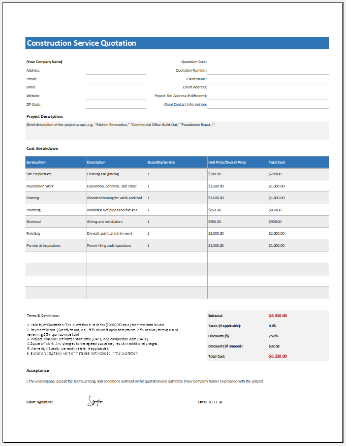 Construction Service Quotation Template