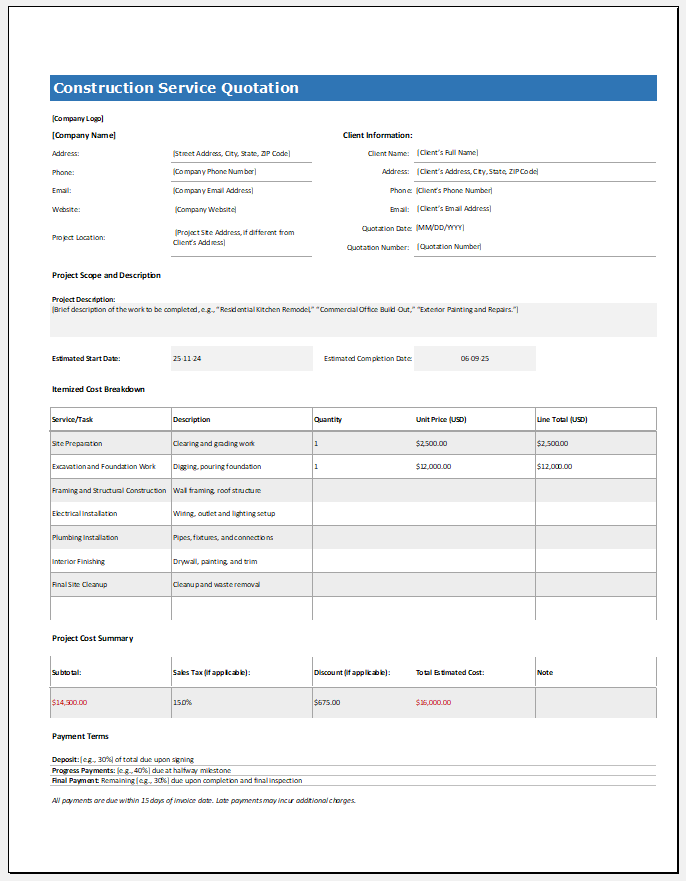 Construction Service Quotation Template