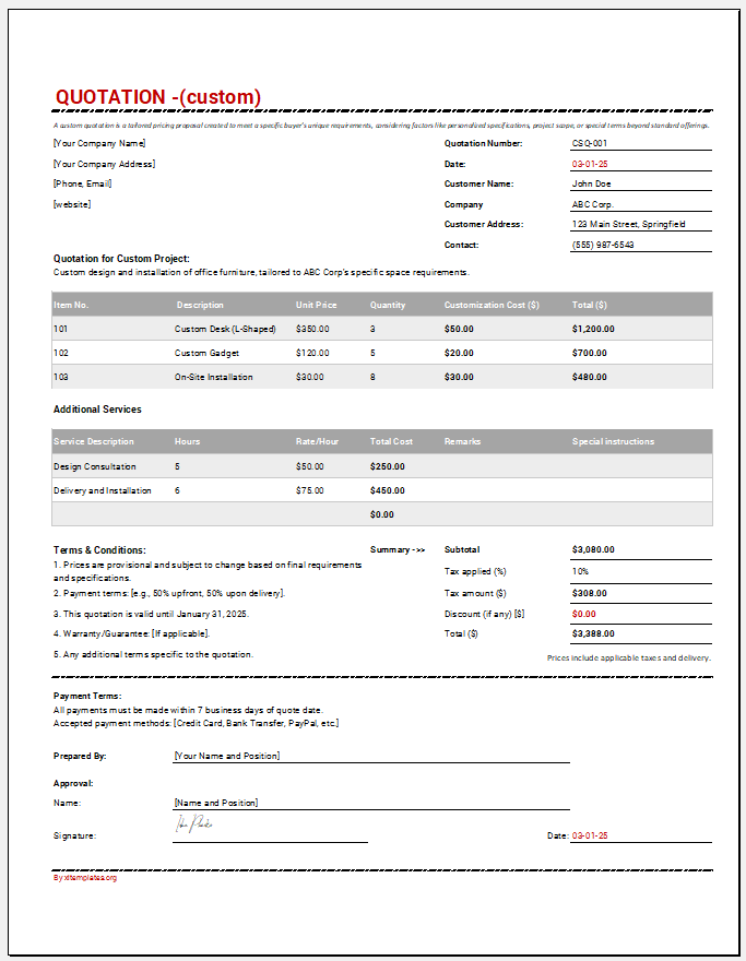 Custom Quotation Template for Excel