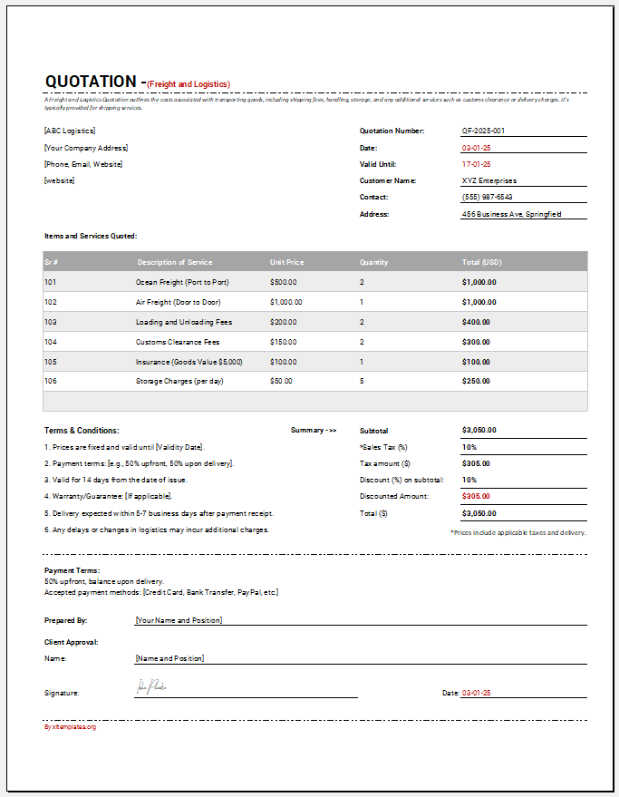 Freight and Logistics Quotation Template for Excel