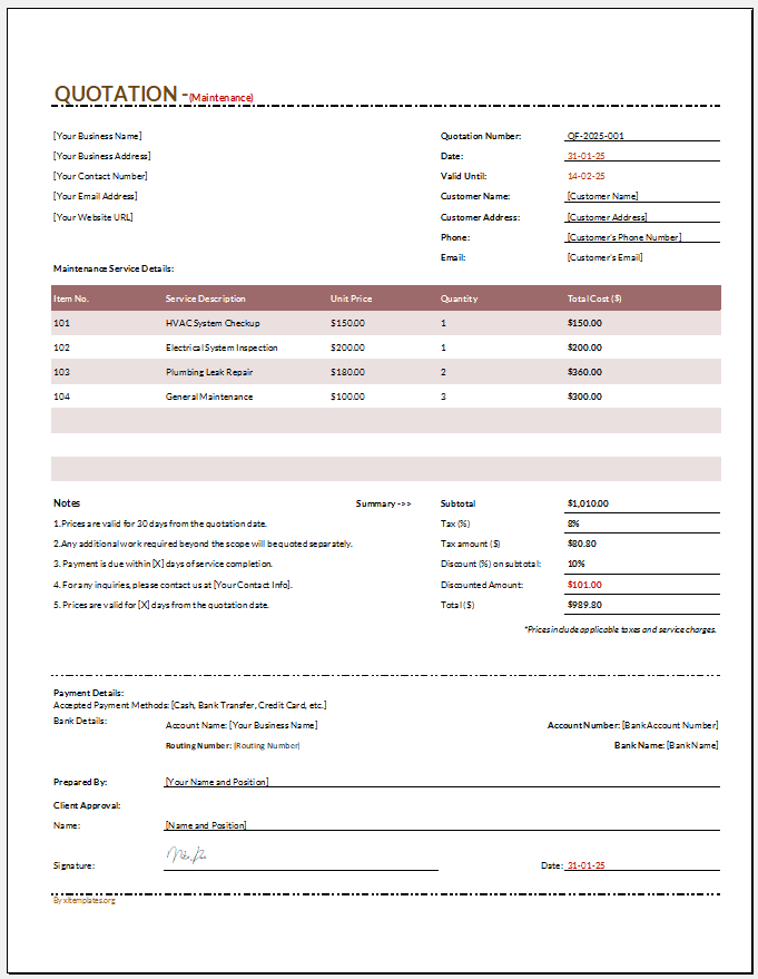 Maintenance Quotation Template for Excel