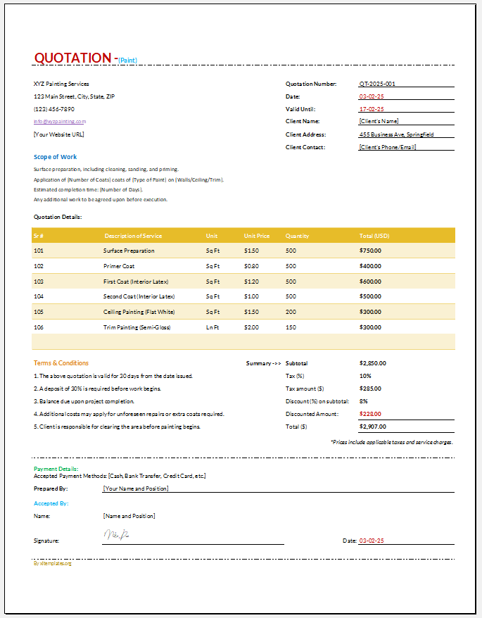 Painting Job Quotation Template for Excel