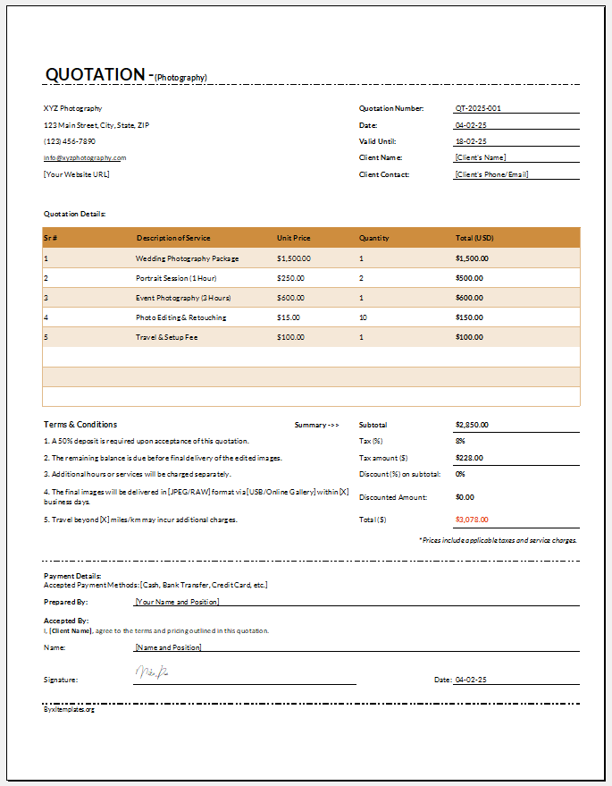 Photography Quotation Template for Excel