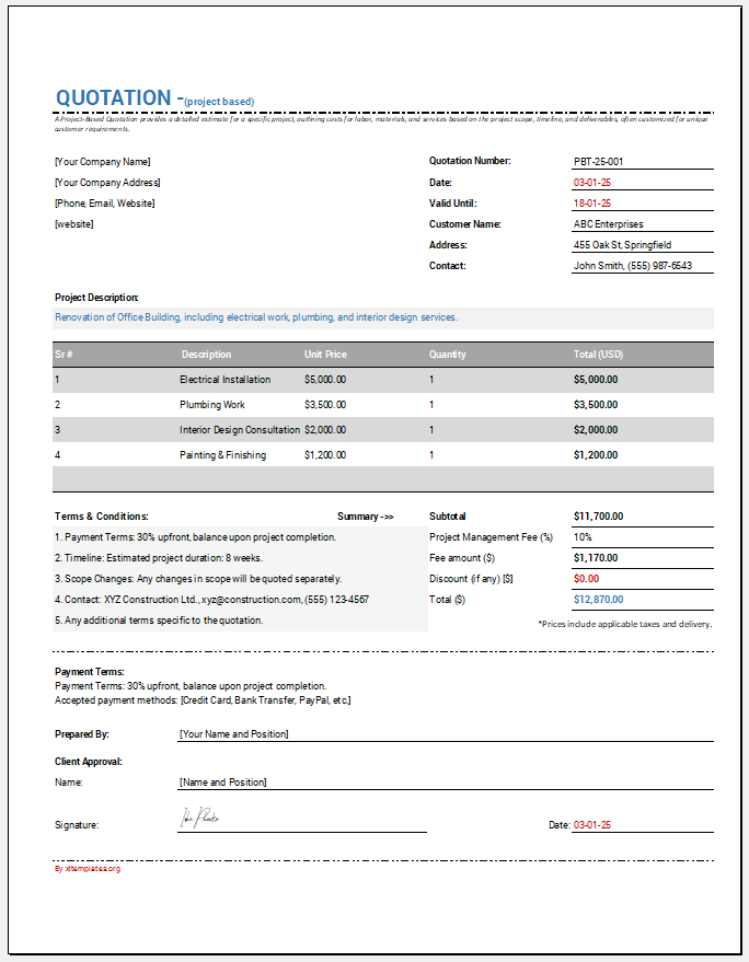 Project-Based Quotation Template for Excel