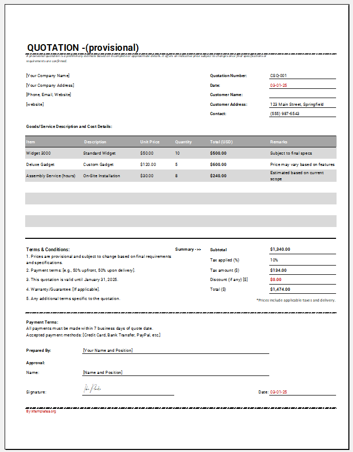 Provisional Quotation Template for Excel