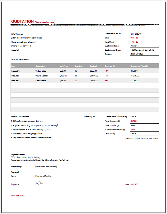 Volume Discount Quotation Template for Excel