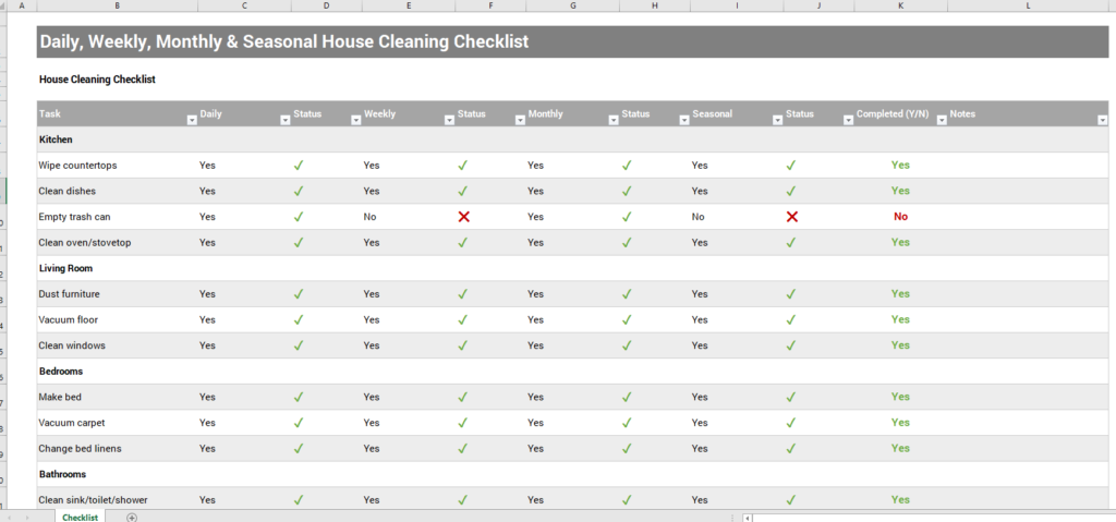 Daily, Weekly, Monthly & Seasonal House Cleaning Checklist